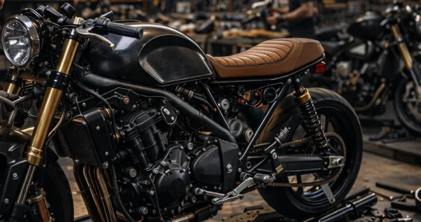 Custom Café Racer Motorrad mit brauner Ledersitzbank und goldener Upside-Down-Gabel in der Werkstatt - Customizing und Umbauten bei MotoPassion nahe München