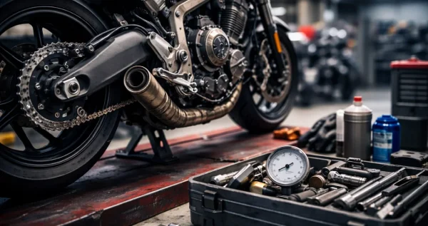 Motorrad-Inspektion mit Spezialwerkzeug und Druckprüfer an Kette und Hinterrad - Wartung und Service bei MotoPassion im Münchner Osten